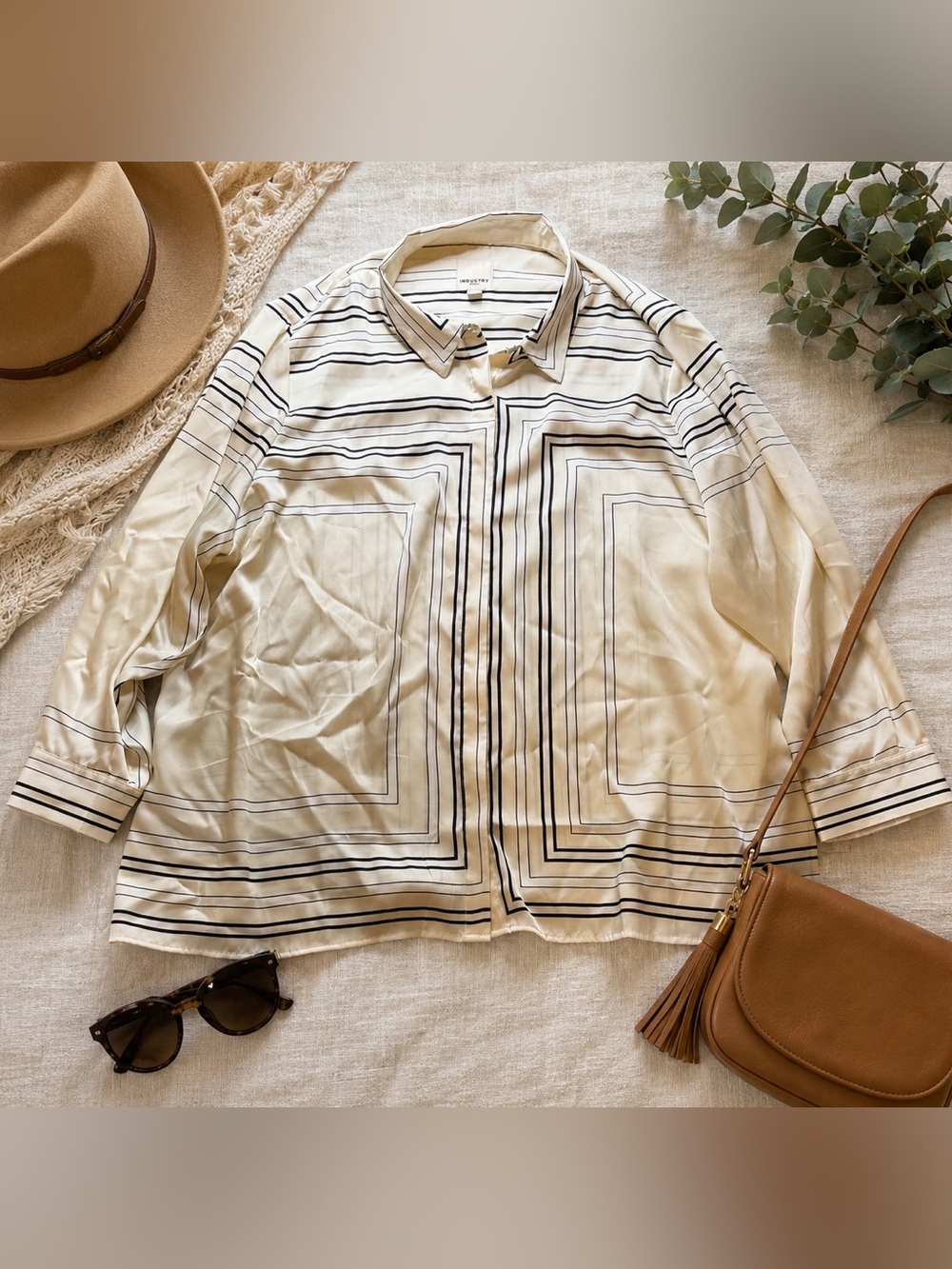 Industry Women Cream Black Geometric Stripe Button Down Blouse 3X